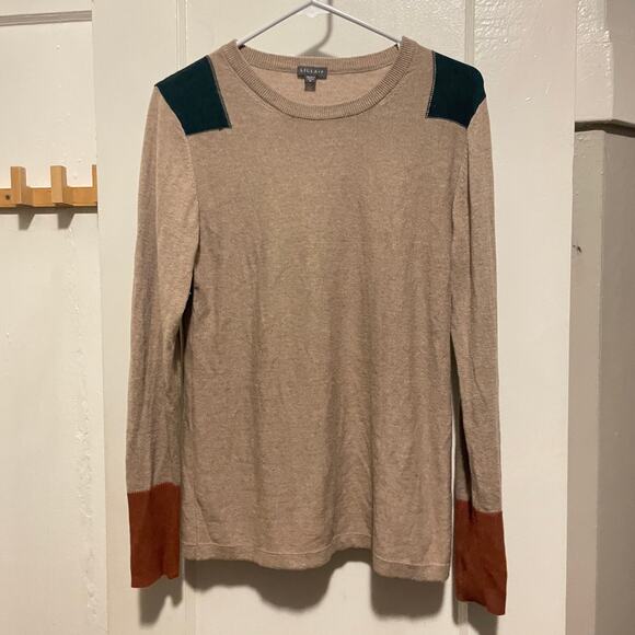 Lilla P Beige Colorblock Cotton Cashmere Sweater Size Medium - Picture 1 of 5